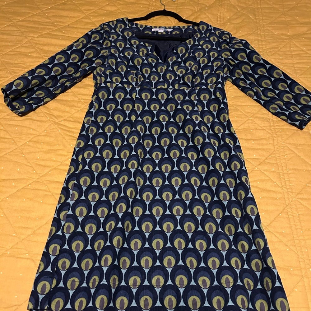 Boden peacock print corduroy dress